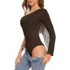 imageAmerican Trends Womens Fringe Trim One Shoulder Long Sleeve Body Suits Concert Outfits Long Sleeve Bodysuit Tank TopDeep Coffee