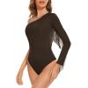 imageAmerican Trends Womens Fringe Trim One Shoulder Long Sleeve Body Suits Concert Outfits Long Sleeve Bodysuit Tank TopDeep Coffee
