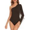 imageAmerican Trends Womens Fringe Trim One Shoulder Long Sleeve Body Suits Concert Outfits Long Sleeve Bodysuit Tank TopDeep Coffee