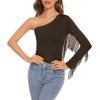imageAmerican Trends Womens Fringe Trim One Shoulder Long Sleeve Body Suits Concert Outfits Long Sleeve Bodysuit Tank TopDeep Coffee