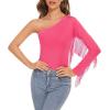 imageAmerican Trends Womens Fringe Trim One Shoulder Long Sleeve Body Suits Concert Outfits Long Sleeve Bodysuit Tank TopHot Pink
