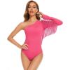 imageAmerican Trends Womens Fringe Trim One Shoulder Long Sleeve Body Suits Concert Outfits Long Sleeve Bodysuit Tank TopHot Pink