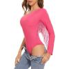imageAmerican Trends Womens Fringe Trim One Shoulder Long Sleeve Body Suits Concert Outfits Long Sleeve Bodysuit Tank TopHot Pink