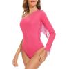 imageAmerican Trends Womens Fringe Trim One Shoulder Long Sleeve Body Suits Concert Outfits Long Sleeve Bodysuit Tank TopHot Pink