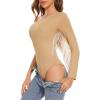imageAmerican Trends Womens Fringe Trim One Shoulder Long Sleeve Body Suits Concert Outfits Long Sleeve Bodysuit Tank TopNude