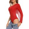 imageAmerican Trends Womens Fringe Trim One Shoulder Long Sleeve Body Suits Concert Outfits Long Sleeve Bodysuit Tank TopRed