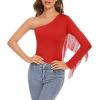 imageAmerican Trends Womens Fringe Trim One Shoulder Long Sleeve Body Suits Concert Outfits Long Sleeve Bodysuit Tank TopRed