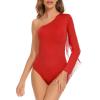 imageAmerican Trends Womens Fringe Trim One Shoulder Long Sleeve Body Suits Concert Outfits Long Sleeve Bodysuit Tank TopRed