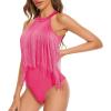 imageAmerican Trends Womens Fringe Trim Sleeveless Cami Body Suits Concert Outfits Halter Bodysuit Tank Top Disco OutfitHot Pink