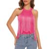 imageAmerican Trends Womens Fringe Trim Sleeveless Cami Body Suits Concert Outfits Halter Bodysuit Tank Top Disco OutfitHot Pink