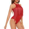 imageAmerican Trends Womens Fringe Trim Sleeveless Cami Body Suits Concert Outfits Halter Bodysuit Tank Top Disco OutfitRed