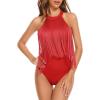 imageAmerican Trends Womens Fringe Trim Sleeveless Cami Body Suits Concert Outfits Halter Bodysuit Tank Top Disco OutfitRed