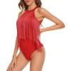 imageAmerican Trends Womens Fringe Trim Sleeveless Cami Body Suits Concert Outfits Halter Bodysuit Tank Top Disco OutfitRed
