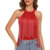 imageAmerican Trends Womens Fringe Trim Sleeveless Cami Body Suits Concert Outfits Halter Bodysuit Tank Top Disco OutfitRed