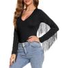 imageAmerican Trends Womens Fringe Trim V Neck Long Sleeve Bodysuit Top Body Suit Concert Cowgirl Disco Outfits Leotard JumpsuitBlack