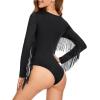 imageAmerican Trends Womens Fringe Trim V Neck Long Sleeve Bodysuit Top Body Suit Concert Cowgirl Disco Outfits Leotard JumpsuitBlack