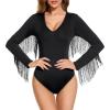 imageAmerican Trends Womens Fringe Trim V Neck Long Sleeve Bodysuit Top Body Suit Concert Cowgirl Disco Outfits Leotard JumpsuitBlack