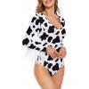 imageAmerican Trends Womens Fringe Trim V Neck Long Sleeve Bodysuit Top Body Suit Concert Cowgirl Disco Outfits Leotard JumpsuitCow Print