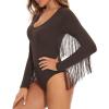 imageAmerican Trends Womens Fringe Trim V Neck Long Sleeve Bodysuit Top Body Suit Concert Cowgirl Disco Outfits Leotard JumpsuitDark Coffee