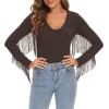 imageAmerican Trends Womens Fringe Trim V Neck Long Sleeve Bodysuit Top Body Suit Concert Cowgirl Disco Outfits Leotard JumpsuitDark Coffee