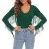 imageAmerican Trends Womens Fringe Trim V Neck Long Sleeve Bodysuit Top Body Suit Concert Cowgirl Disco Outfits Leotard JumpsuitDark Green