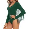 imageAmerican Trends Womens Fringe Trim V Neck Long Sleeve Bodysuit Top Body Suit Concert Cowgirl Disco Outfits Leotard JumpsuitDark Green