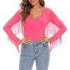 imageAmerican Trends Womens Fringe Trim V Neck Long Sleeve Bodysuit Top Body Suit Concert Cowgirl Disco Outfits Leotard JumpsuitPink