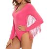 imageAmerican Trends Womens Fringe Trim V Neck Long Sleeve Bodysuit Top Body Suit Concert Cowgirl Disco Outfits Leotard JumpsuitPink