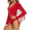 imageAmerican Trends Womens Fringe Trim V Neck Long Sleeve Bodysuit Top Body Suit Concert Cowgirl Disco Outfits Leotard JumpsuitRed
