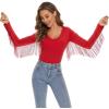 imageAmerican Trends Womens Fringe Trim V Neck Long Sleeve Bodysuit Top Body Suit Concert Cowgirl Disco Outfits Leotard JumpsuitRed