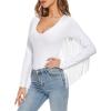 imageAmerican Trends Womens Fringe Trim V Neck Long Sleeve Bodysuit Top Body Suit Concert Cowgirl Disco Outfits Leotard JumpsuitWhite