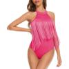 imageAmerican Trends Womens Fringe Trim Sleeveless Cami Body Suits Concert Outfits Halter Bodysuit Tank Top Disco OutfitHot Pink