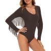 imageAmerican Trends Womens Fringe Trim V Neck Long Sleeve Bodysuit Top Body Suit Concert Cowgirl Disco Outfits Leotard JumpsuitDark Coffee