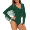 imageAmerican Trends Womens Fringe Trim V Neck Long Sleeve Bodysuit Top Body Suit Concert Cowgirl Disco Outfits Leotard JumpsuitDark Green