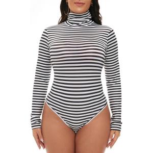 imageAmerican Trends Bodysuit for Women Body Suit Long Sleeve Bodysuit Tops Turtleneck Leotards ShapewearZ Black White Stripes