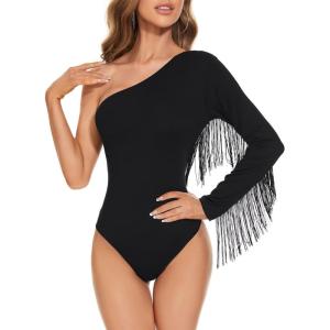 imageAmerican Trends Womens Fringe Trim One Shoulder Long Sleeve Body Suits Concert Outfits Long Sleeve Bodysuit Tank Top01 Shoulder Black