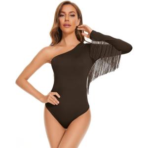 imageAmerican Trends Womens Fringe Trim One Shoulder Long Sleeve Body Suits Concert Outfits Long Sleeve Bodysuit Tank TopDeep Coffee