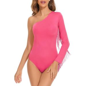 imageAmerican Trends Womens Fringe Trim One Shoulder Long Sleeve Body Suits Concert Outfits Long Sleeve Bodysuit Tank TopHot Pink