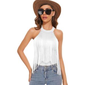 imageAmerican Trends Womens Fringe Trim Sleeveless Cami Body Suits Concert Outfits Halter Bodysuit Tank Top Disco Outfit02 White