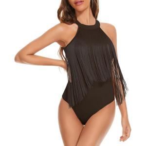 imageAmerican Trends Womens Fringe Trim Sleeveless Cami Body Suits Concert Outfits Halter Bodysuit Tank Top Disco OutfitDeep Coffee