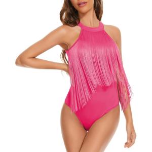 imageAmerican Trends Womens Fringe Trim Sleeveless Cami Body Suits Concert Outfits Halter Bodysuit Tank Top Disco OutfitHot Pink