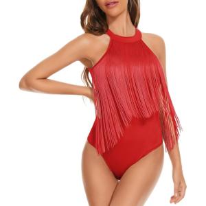 imageAmerican Trends Womens Fringe Trim Sleeveless Cami Body Suits Concert Outfits Halter Bodysuit Tank Top Disco OutfitRed