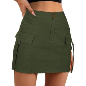 imageWomens Cargo Skirt Low Waist Denim Mini Skirt Y2k Button Cargo Skirts for Women with PocketsArmy Green