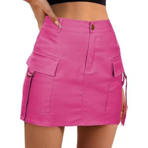 imageWomens Cargo Skirt Low Waist Denim Mini Skirt Y2k Button Cargo Skirts for Women with PocketsHot Pink