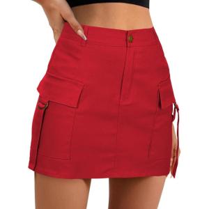 imageWomens Cargo Skirt Low Waist Denim Mini Skirt Y2k Button Cargo Skirts for Women with PocketsRed