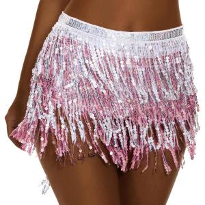 imageBelly Dance Skirt Sequins Tassel Hip Scarf Fringe Skirt Rave Party Dance Performance Costume for Women GirlsPowder White