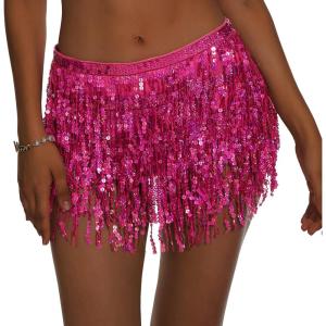 imageBelly Dance Skirt Sequins Tassel Hip Scarf Fringe Skirt Rave Party Dance Performance Costume for Women GirlsRose