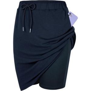 imageTennis Skirt for Women with Pockets Athletic Skort Knee Length Golf High Waist Skirt Drawstring ShortsDark Blue