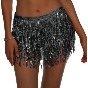 imageWomens Belly Dance Skirt Sequin Skirts Sparkly Rave Skirt Tassel Fringe Festival Outfit Belly Dance Hip Scarf2 Black