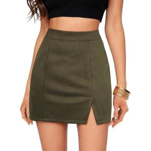 imageWomens Faux Suede Skirt with Slit High Waisted Mini Skirt Side Split ALine Bodycon Short SkirtArm Green